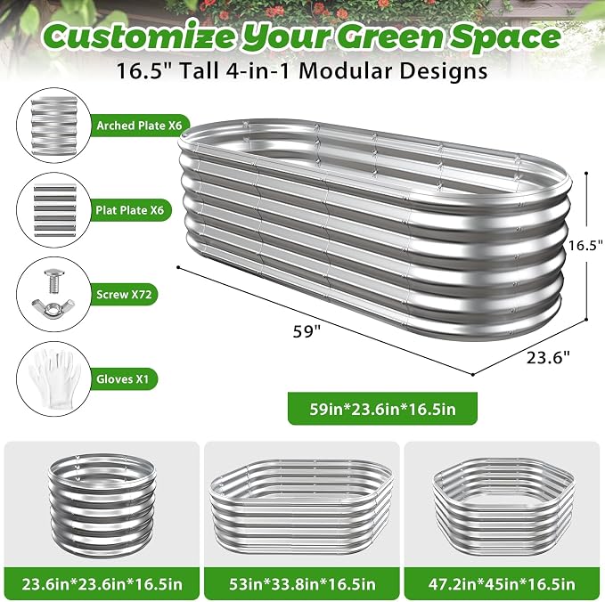 17" Tall Oval-Shaped / Elliptic Metal Raised Garden Bed Outdoor Silver | 60X24X17 Inch,1.5 FT Tall,0.8MM Thick Galvanized Metal,for Variety of Flowers,Herbs,Vegetables.with Gloves,Tool free