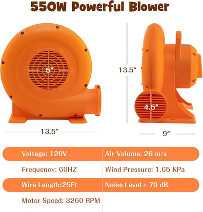 Costzon Air Blower, 0.7HP Blower for Bounce House with 25FT SJTW Wire & Stakes, GFCI Plug, ETL, 550W, Perfect for Inflatable Bouncer Blower Orange, IPX4 Air Blower for Inflatables