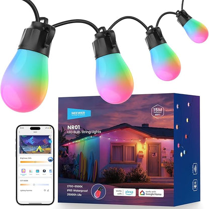 NEEWER 48ft Outdoor String Lights, App Control Smart AI RGB IC W Hanging Outside Patio Balcony Backyard Holiday Lighting, IP65 Waterproof, 15 LED Bulbs, 50+ Scenes, Compatible with Alexa Google, NR01