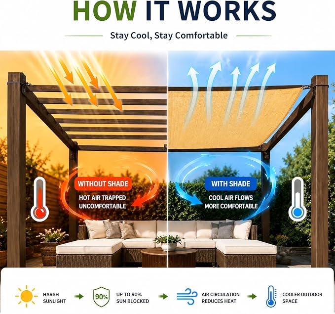 90% Outdoor Sun Shade Cloth, 10’ x 20’, Pergola, Deck, and Backyard Patio Sunshade with UV Protection, Heat Resistant HDPE Material, Reinforced Grommets (10x20 FT，Wheat)