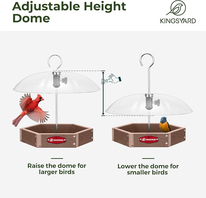 Kingsyard Large Platform Bird Feeder Outdoor Hanging, Adjustable Dome Squirrel Proof Rain Cover, Metal Mesh Tray Recycled Plastic Wild Bird Seed Feeding Station, Brown