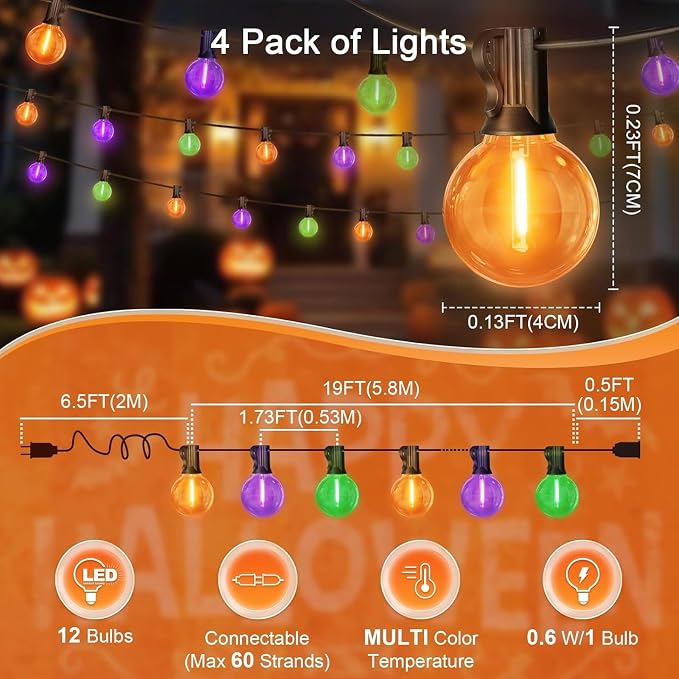 LAMPHOME Globe Outdoor Halloween String Lights,2 Pack 26FT Patio Lights with 12+1 Edison Shatterproof Bulbs, Connectable Dimmable Waterproof for Backyard Porch Halloween Decor, Orange Green Purple
