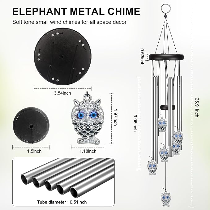Virekm Small Wind Chimes, House Warming Gifts for Women, New Home Gift Men, Outdoor Gifts for Neighbor, Windchimes for Patio Decoration, Garden Decor for Outside, Zen Decor Yard (Blue Evil Eye Owl)