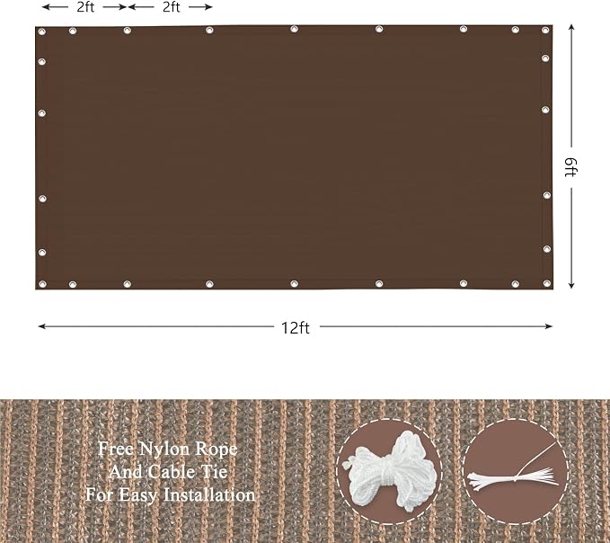 90% Outdoor Sun Shade Cloth, 6’ x 12’, Pergola, Deck, and Backyard Patio Sunshade with UV Protection, Heat Resistant HDPE Material, Reinforced Grommets (6x12 FT,Brown)