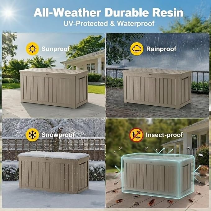 270 Gallon Outdoor Storage Box Resin Deck Box All Weather Waterproof Large Lockable Storage Container Deck Box for Patio Furniture, Garden Tools, Lockable, Gray New
