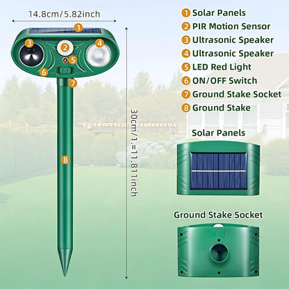 Sonic Fortress Pro Deer Repellent Solar Animal Repellent Outdoor (4pack) | Solar Animal Repellent with PIR Sensor & Flashing Light, Deer Rabbit Squirrel Raccoon Cat Deterrent for Yard Garden Farm