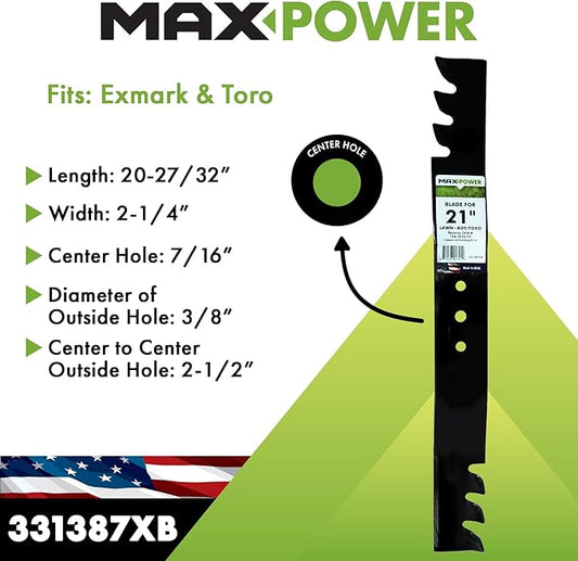 MaxPower 331387XB USA MADE Commercial Mulching Blade | For 21" Cut Toro, Exmark, Lawn Boy Mowers Replaces 108-0954-03, 116-4500, 133-8182-03