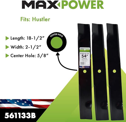 Maxpower 561133B USA MADE 3 Blade Set | For 54" Cut Hustler Mowers Replaces 601124, 797696, Spartan 438-0001-00