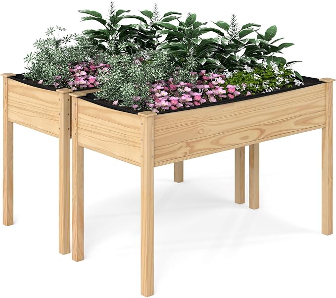 S AFSTAR 2 Pieces Wooden Raised Garden Bed with Legs, Planter Box with Liner & Drainage Holes for Vegetable Flower Herb, Indoor Outdoor Elevated Gardening Box for Backyard Patio Balcony