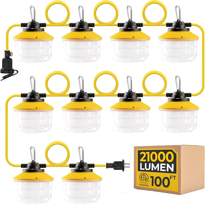 100FT 150W Ultra Bright ETL Listed LED Temp Work Construction String Lights | Linkable Up to 6 sets, 140 LM/W, 18/2 SJTW, IP65 Waterproof, Outdoor Temporary Hanging Lighting for Jobsite Shop Crawl Space