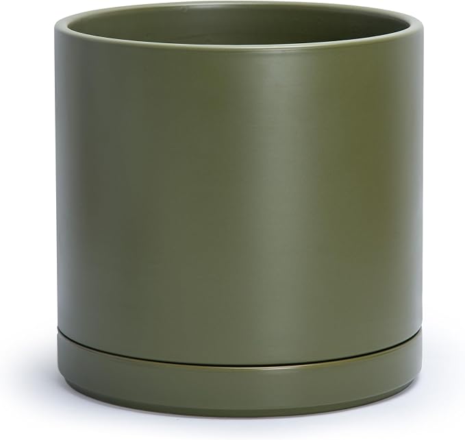 D'vine Dev 12 Inch Ceramic Planter Pot, Olive, 94-O-F-J | Modern Cylinder Design, Drainage Hole & Saucer Included, Stable Structure, Elegant Home Accent