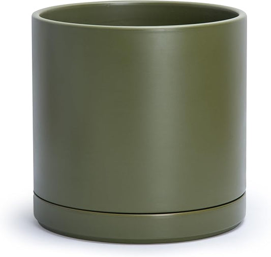 D'vine Dev 12 Inch Ceramic Planter Pot, Olive, 94-O-F-J | Modern Cylinder Design, Drainage Hole & Saucer Included, Stable Structure, Elegant Home Accent