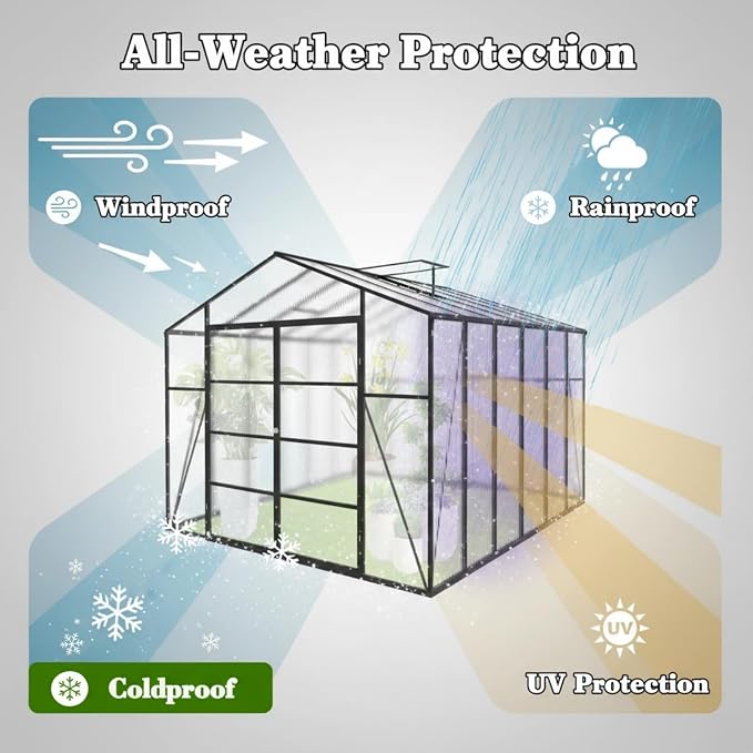 10x12 FT Greenhouse, Walk-in Heavy Duty Polycarbonate Outdoor Greenhouses with Raised Base & Anchor, Drainage System & Height-Enhanced Aluminum Frame for Backyard All Season Growing, Black