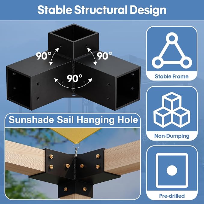 Heavy Duty Pergola Brackets Kit for 4"x 4" (Actual 3.5" X 3.5") Lumber | Anti-rust 3-Way Pergola Bracket with Black Powder Coated, Gazebo Hardware for Patio Backyard Outdoor