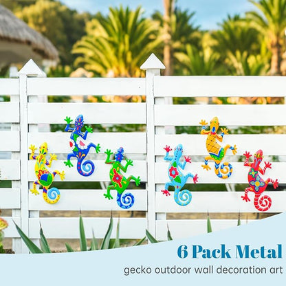 WANFSOWO 3D Metal Gecko Wall Art, Hand-Painted Colorful Lizard Wall Sculpture, Indoor Outdoor Hanging Decor for Garden Fence Patio Porch Backyard, Home Decor Gift (Style 3)