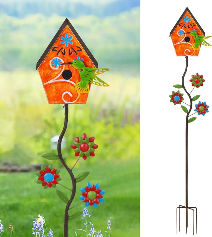 51” Metal Bird Houses Stake for Outside Hummingbird Design | Metal Wild Birdhouse, 5 Pronged Garden Stake Pole, Outdoor Decorations for Patio, Backyard, Garden