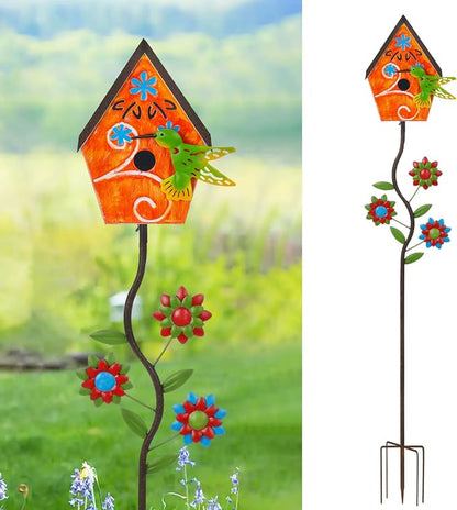 51” Metal Bird Houses Stake for Outside Hummingbird Design | Metal Wild Birdhouse, 5 Pronged Garden Stake Pole, Outdoor Decorations for Patio, Backyard, Garden