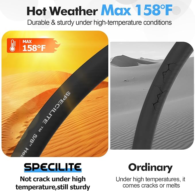 SPECILITE 5/8" Hot/Cold Garden Hose 200 ft with Industrial High Pressure Nozzle, Flexible & Lightweight, 600psi Burst Rubber Water hose -50℉-158℉ With 3/4"Stainless Steel Fittings for Yard, Black