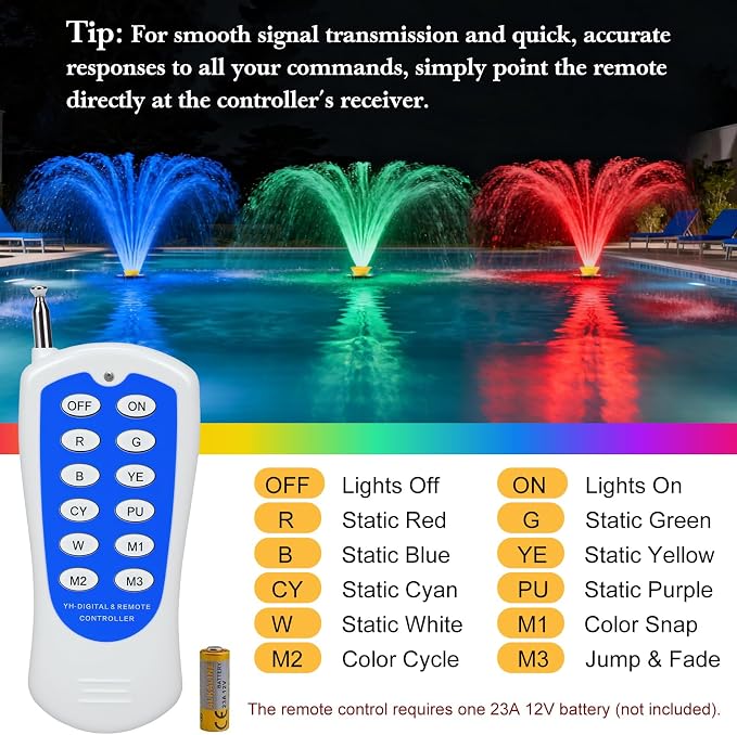 Pond Fountain Aerator with 2 RGB Lights, 1HP 110V 15000GPH Floating Fountain Pump with Timer, 100FT Power Cord, 2 x 100 FT Traction Rope, Aerating Fountains for Larger Outdoor Ponds, Lakes