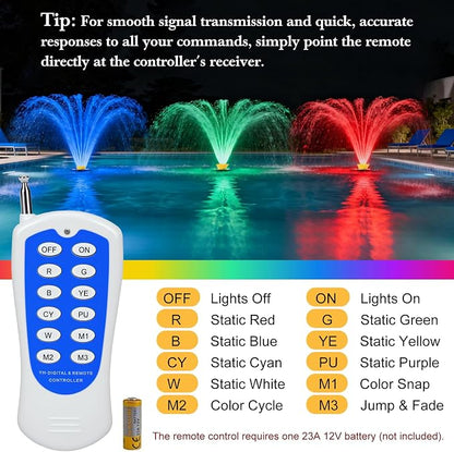 Pond Fountain Aerator with 2 RGB Lights, 1HP 110V 15000GPH Floating Fountain Pump with Timer, 100FT Power Cord, 2 x 100 FT Traction Rope, Aerating Fountains for Larger Outdoor Ponds, Lakes