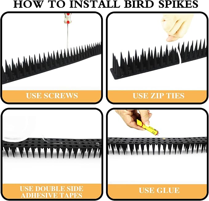 Defender Spikes for Bird, Cat, Pigeon and Small Animals 8pack- Protect Your Sofa, Garden, Outdoor Walls, Plastic Security Fence Spikes- Black