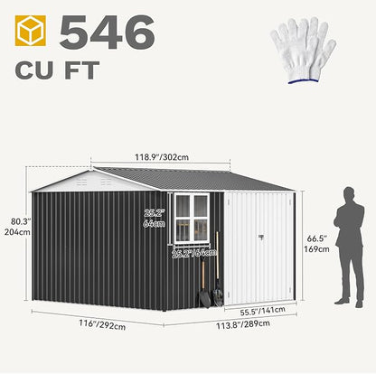 DWVO 10' x 10' Outdoor Storage Shed, Waterproof Metal Garden Shed with Windows, Lockable Doors, and Sloped Roof for Patio, Backyard, Lawn, Tool Storage, Bike Shed, Pet Shelter (Gray + White)
