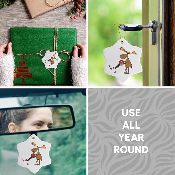 3dRose ORN_263877_1 Funny Cute Moose Using Leaf Blower Yard Work Cartoon Snowflake Ornament, 3"