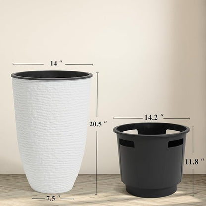 Worth Garden 2-Pack 21" H. White Tall Planters with Inside Pots - 14'' Dia Plastic Large Round Plant Tree Pots - Decorative Imitation Stone Finish for Indoor Outdoor Front Porch Container Patio