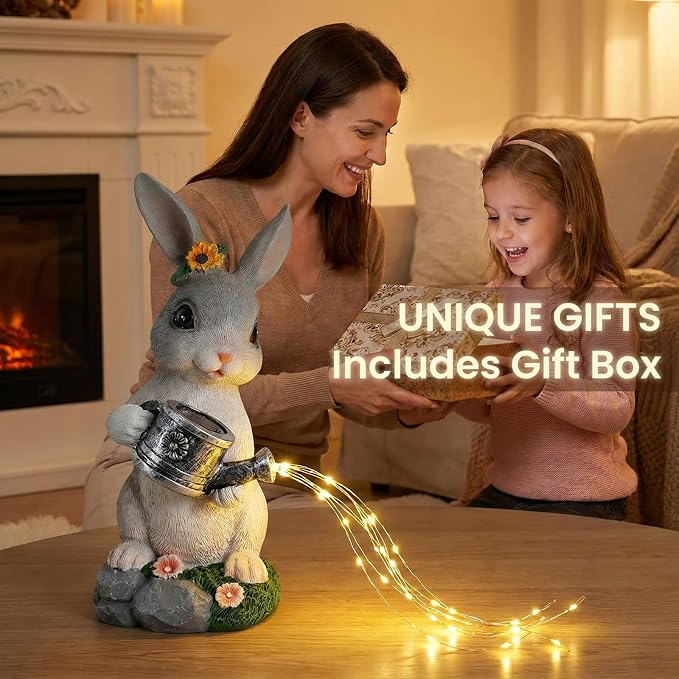 Solar Rabbit Garden Statues Outdoor Decor, Resin Rabbit Figurine Decorations with Solar Watering Can Light, Whimsical Bunny Sculpture for Garden Patio, Balcony, Yard, Lawn Ornament