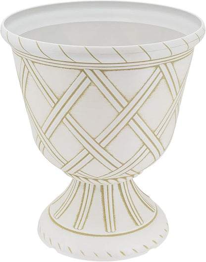 Arcadia Garden Products PL61BG Lattice Plastic Garden Urn, Classic Decorative Garden Pot Planter for Indoor and Outdoor Plants, Beige
