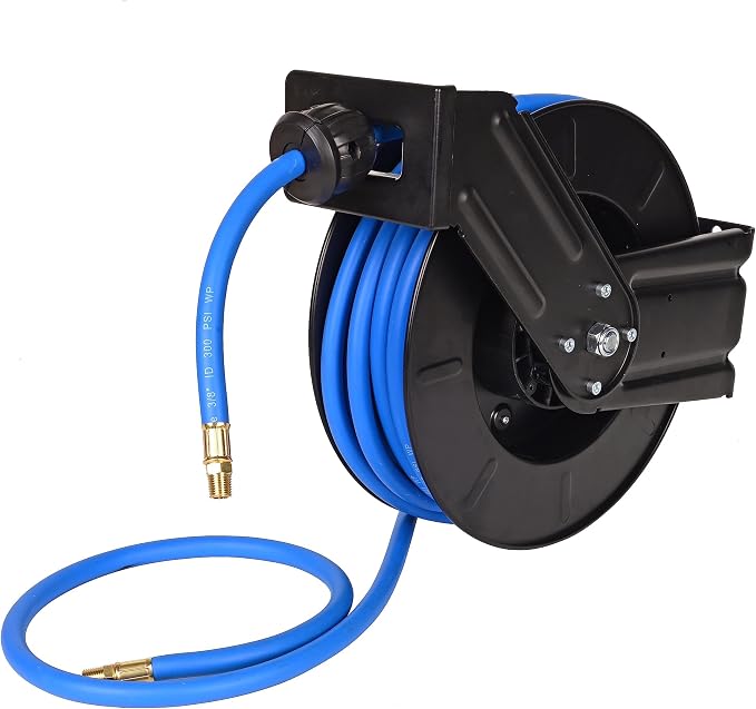Eisen Air Hose Reel 3/8 in x 50 ft Premium Heavy-Duty Flexiable Hybrid Air Hose. Ceiling/Wall Mount, Retractable Air Compressor Hose Reel, 300 PSI Flexiable Hybrid Hose, black and blue