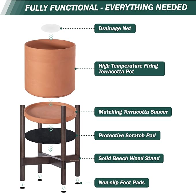 D'vine Dev Terracotta Planter with Walnut Color Stand - 12 Inch Modern Round Flower Pot with Wood Planter Holder, Terracotta, 55-B-W-5