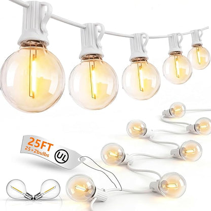 25Ft G40 LED Outdoor String Lights White, 27 Shatterproof Bulbs Waterproof | Plug In, Dimmable, Connectable, Hanging Outdoor Globe Lights for Patio Backyard Wedding Party Christmas, 2700K Warm White