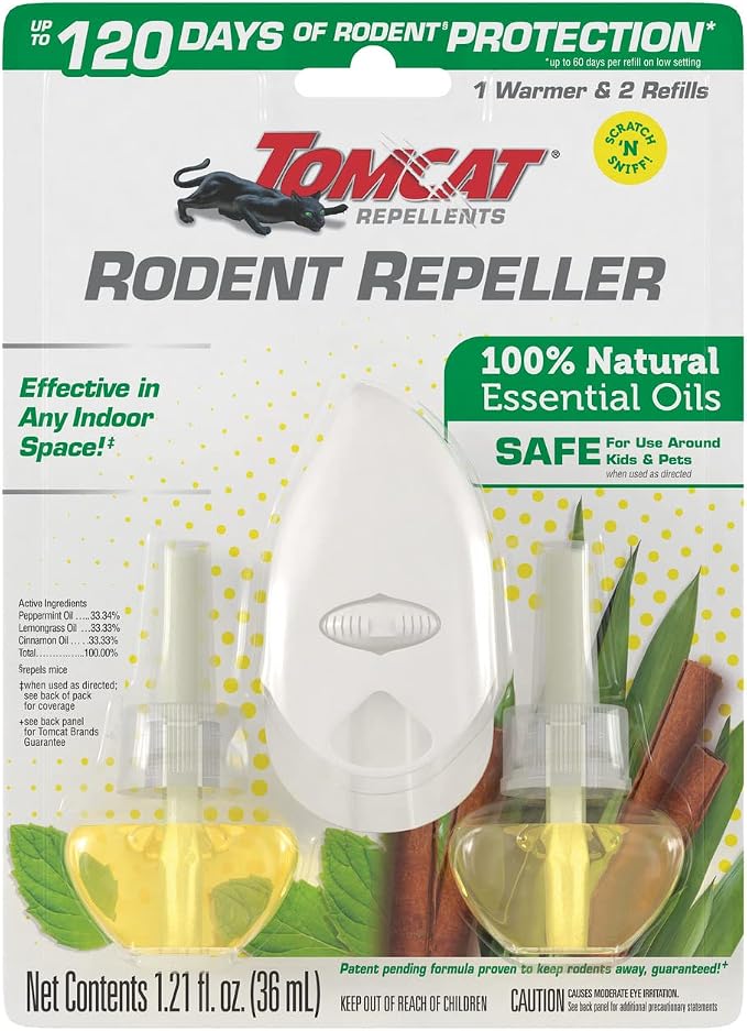 Tomcat Repellents Rodent Repeller, 1 Warmer with 2 Refills | Indoor Plug-In with Lemongrass, Cinnamon, and Peppermint Oil Natural Essential Oil Blend, Repels Rats and Mice