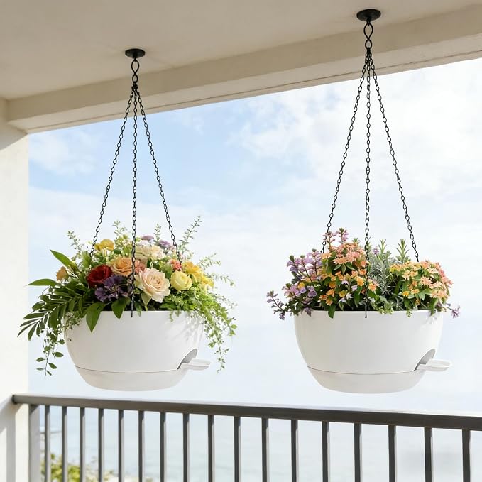 12" Self Watering Hanging Planters with Chains, White, 2 Pack | 43 Oz removable self-watering reservoir, for indoor/outdoor plants, patio & garden