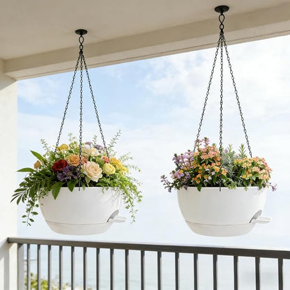 12" Self Watering Hanging Planters with Chains, White, 2 Pack | 43 Oz removable self-watering reservoir, for indoor/outdoor plants, patio & garden