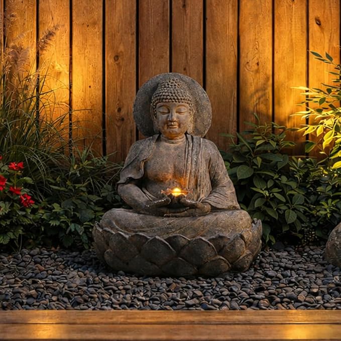Teamson Home Buddha Zen Statue Water Fountain, Stone Gray | LED Light, Pump Included, Outdoor Patio Garden Backyard Decking, 28 Inch Height