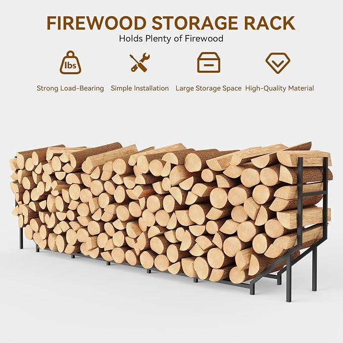 Ebeneze 8.6FT Firewood Rack Holder Outdoor, Heavy Duty Metal Firewood Storage Stand for Patio, Stable Log Holder Wood Stacker Firewood Organizer for Porch Backyard
