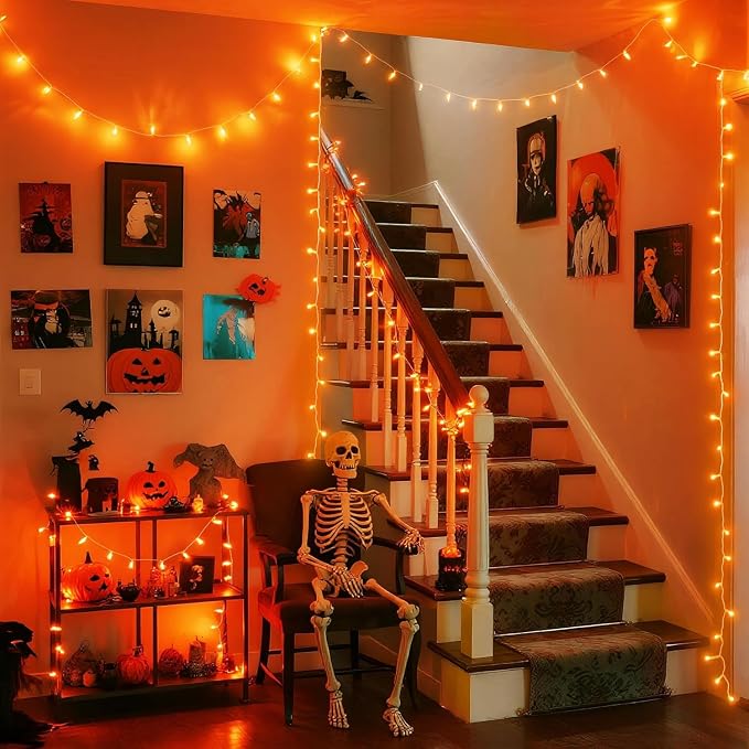 JMEXSUSS 150 LED Orange Halloween Lights Indoor Outdoor, Connectable Christmas String Lights Indoor Plug in, 8 Modes Orange Lights for Halloween Fireplace Tree Bedroom Party Decor