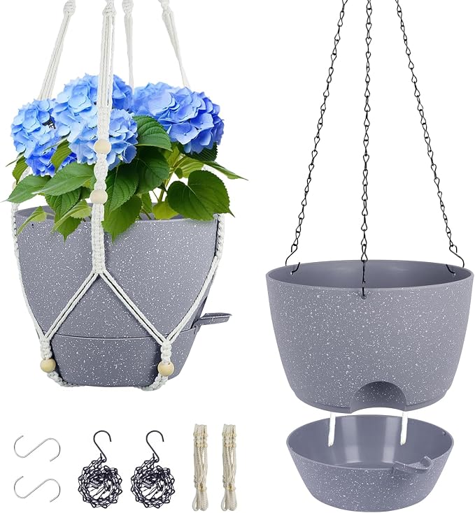Meowell Self Watering Hanging Planters 10 inch, 2 Pack Hanging Flower Pots for Indoor Outdoor Plants, Hanging Baskets with Drainage Holes & 2 Kinds of Plant Hangers for Garden Decor, Speckled Grey