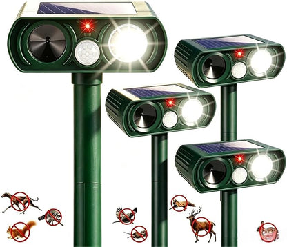 4 Pack New Solar Animal Repellent Ultrasonic Outdoor for Cats Squirrels Racoons Rabbits Foxs Dogs Deer Repellent Devices with Motion Sensor & Flash Light,IP65 Waterproof Animal Deterrent for Garden