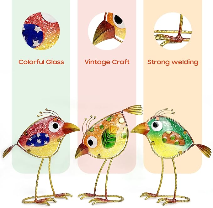 LEGIFO Garden Decor for Outside,Funny Metal & Glass Bird Decor for Indoor & Outdoor Set of 3,Yard Art Decor,Garden Art Statues Decorations,Colorful and Patriotic
