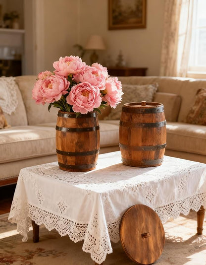 Wood Wine Barrel Vase 6" x 5" – Mini Barrel Rustic Wooden Flower Vase Planter for Wedding Reception, Party Table Decoration,Home Indoor Outdoor Garden, Kitchen,Planting (1)