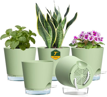 Meowell 7 inch Self Watering Pots for Indoor Plants, 5 Pack Plant Pots with Drainage Holes & Clear Reservoir for Visible Water Level, Plastic Wicking Planter Pots for House Plants and Flower, Green