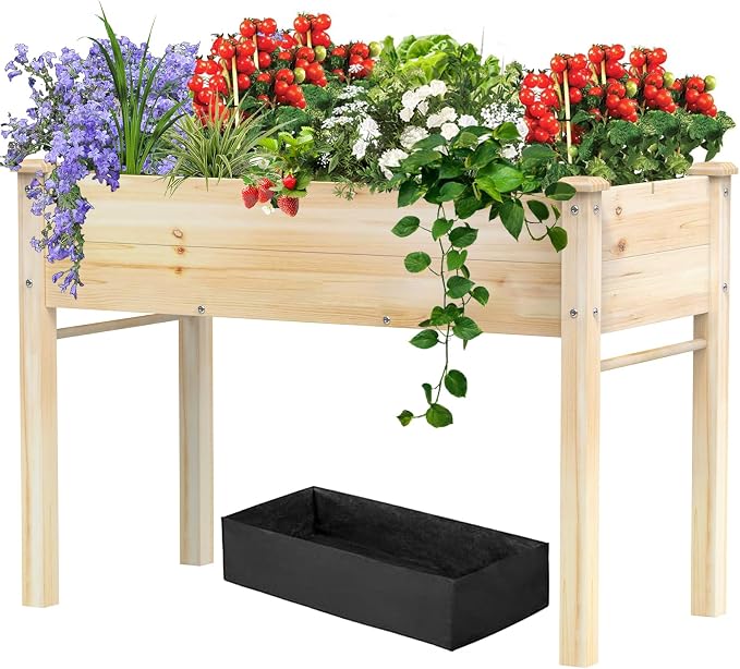 48x24x31IN Elevated Wooden Raised Garden Bed with Legs, Reinforced Large Planter Box for Vegetable Flower Herb Outdoor, Standing Growing Bed forGardening/Backyard/Patio/Balcony, Liner Included
