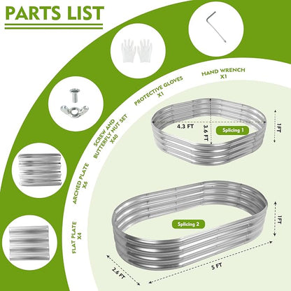 12" Tall Oval-Shaped / Elliptic Metal Raised Garden Bed Outdoor Silver | 60X32X12 Inch,1FT Tall,0.8MM Thick Galvanized Metal Painted,for Variety of Flowers,Herbs,Vegetables.with Gloves,Tool free