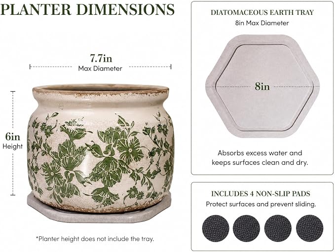 Tuscan Ceramic Planter with Decorative Tray, Plant Lover Gifts for Women | 7.7" Large Indoor Flower Pot, Handmade Retro Crackled Plant Pot, Cottage Country Home Decor, Gardening Gifts