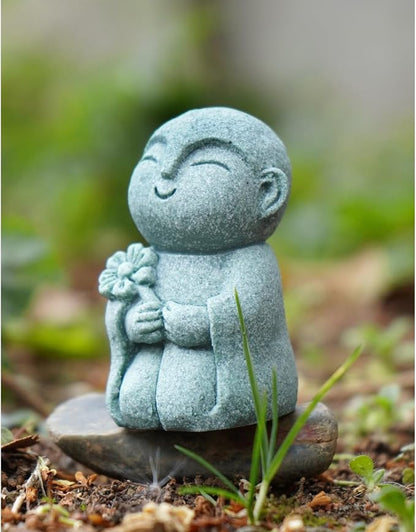 OwMell Japanese Jizo Monk Statue, Buddha Jizo Figurine Memorial Aquarium Statue Ornament - Flower