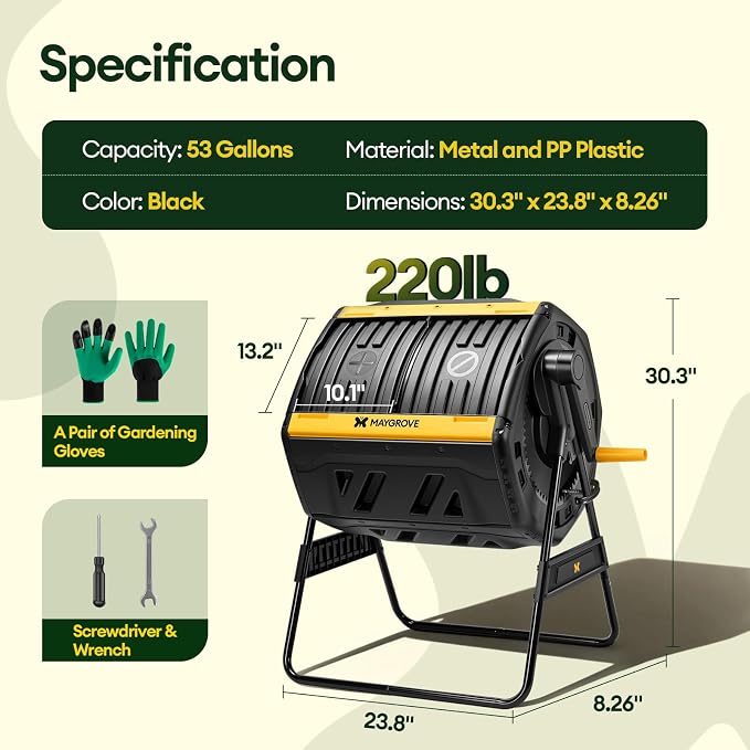 Maygrove Outdoor Compost Bin 53 Gallon, Dual Chamber Large Compost Tumbler for Garden Backyard, with 360° Rotating, Sliding Doors & Solid Steel Frame, Updated Instructions