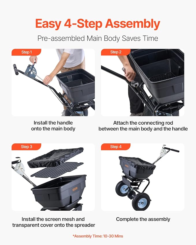 VEVOR Broadcast Spreader, 100LBS Capacity, Walk-Behind Push Spreader, 0-9.8ft Spreading Width, 13 in All Terrain Pneumatic Tires, Fertilizer Spreaders with Hopper Grate, for Seed Salt Ice Melt
